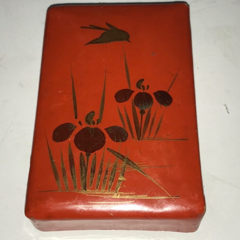 Japanese Lacquer BOX w/Paper Mache Floral Hand Painted Box Orange W/ Gold Bird